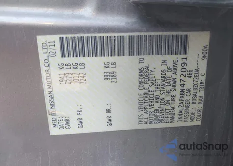 2011 Nissan Altima 2.5 S from USA, damaged, VIN 1N4AL2APXBN472091